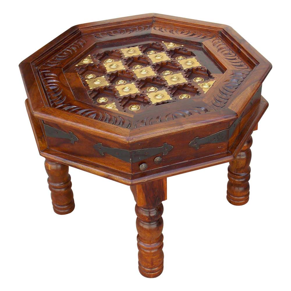 Indian Rose Wooden Craft Octagonal Table with Brass Art