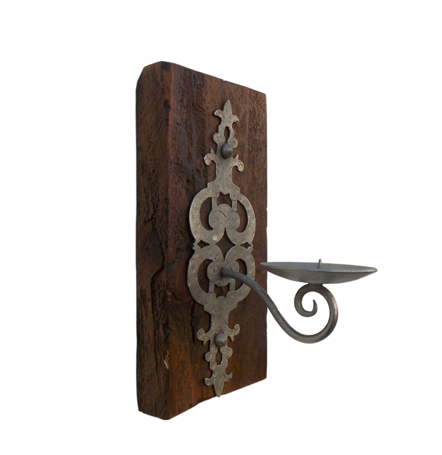 Wall Candle Holder Sleeper Wood, Hand Beaten & Cut Iron Art