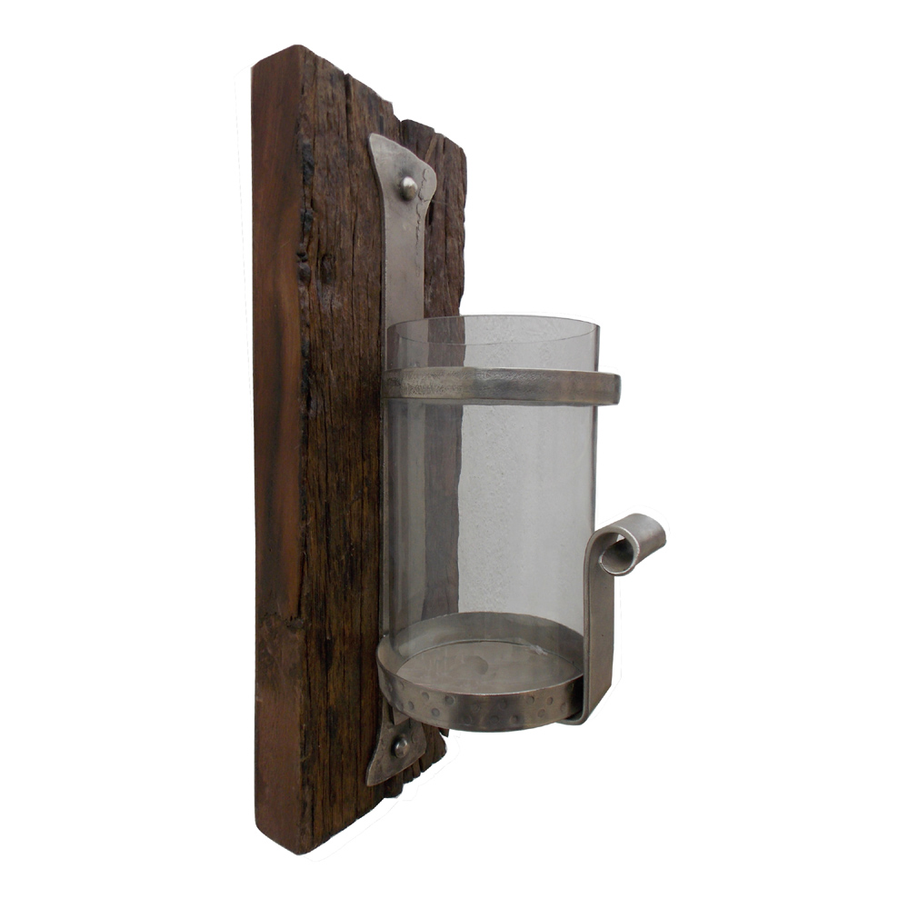 Wall Candle Holder Sleeper Wood, Hand Beaten & Cut Iron Art (Glass Flame Protector) Wall Candle Holder Sleeper Wood, Hand Beaten & Cut Iron Art (Glass Flame Protector)