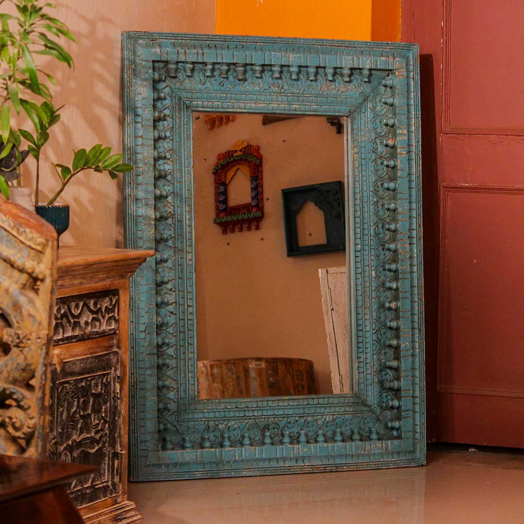 British Blue Hand Carved Wooden Mirror Frame – 4 Ft