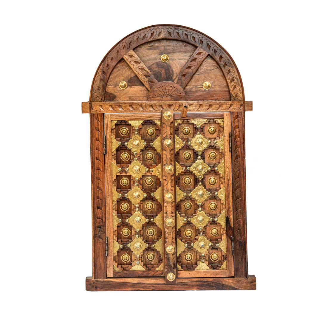 Wooden Window Shaped Wall Piece with Embossed Brass Art 18 x ht. 27.5 inches Wooden Window Shaped Wall Piece with Embossed Brass Art 18 x ht. 27.5 inches