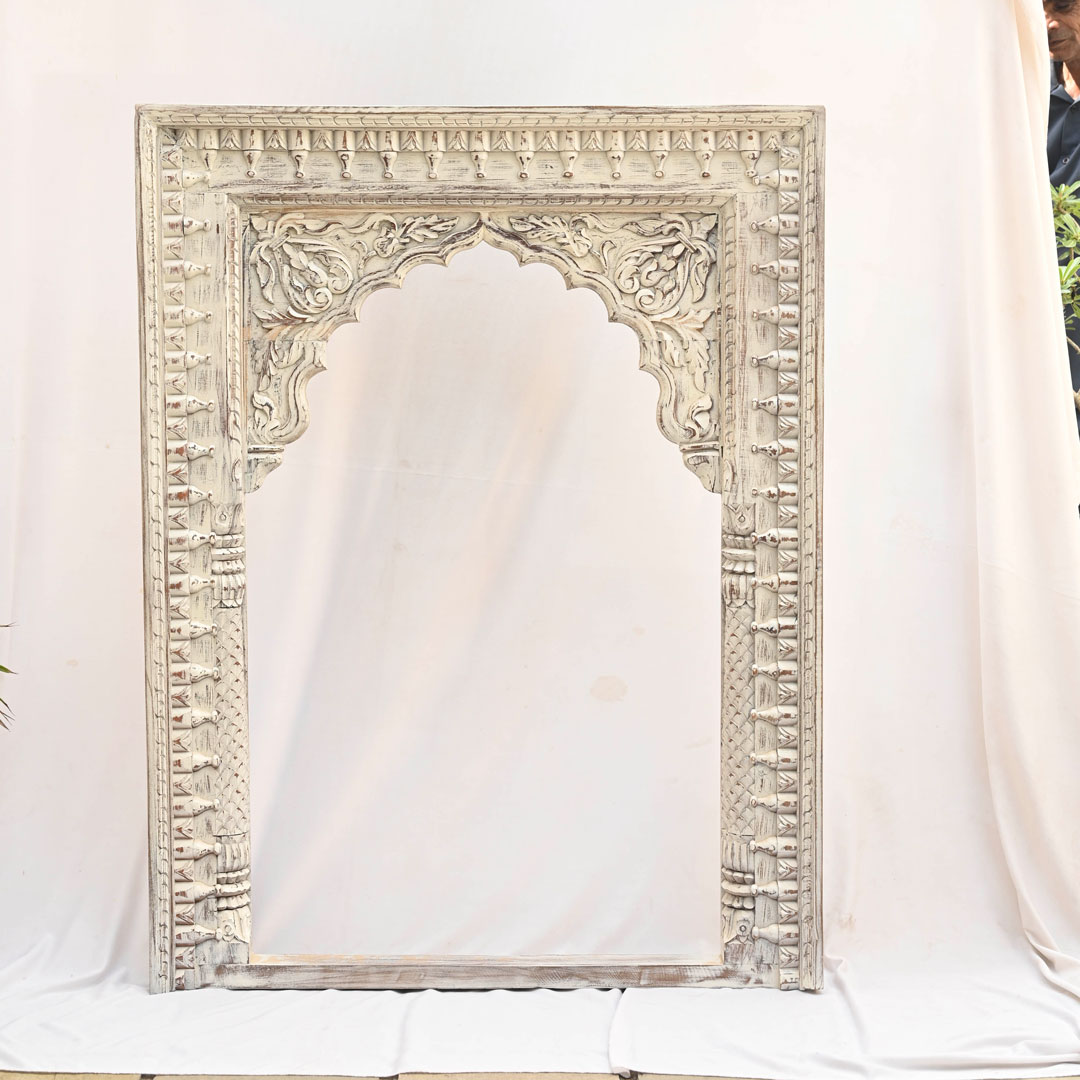 Jharokha Shaped Distressed White Craved Wooden Frame