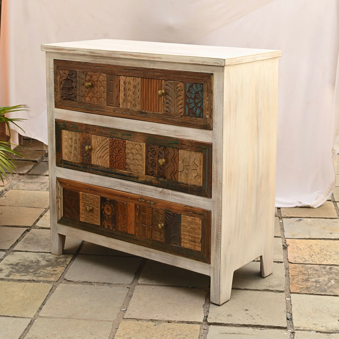 Vintage White Chest Of Drawers - Distressed Finish and Brass Knobs