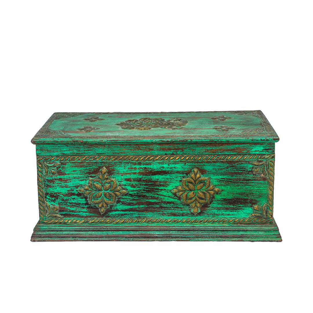 Pitara Sandook Box with Embossed Brass Art - Antique Green