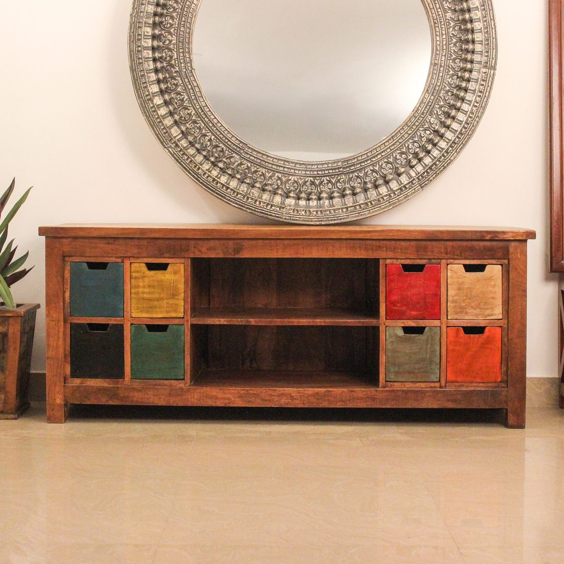 Multi Drawer Wooden Console with Open Shelf – Rustic Finish Multi Drawer Wooden Console with Open Shelf – Rustic Finish