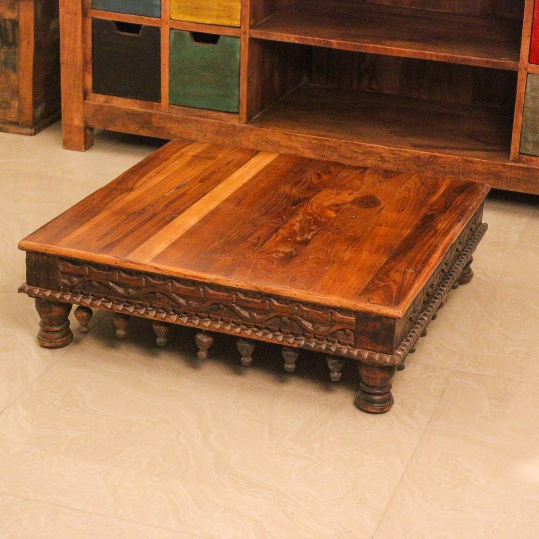 Hand Carved Wooden Bajot with Lattu Legs – Dark Finish Hand Carved Wooden Bajot with Lattu Legs – Dark Finish