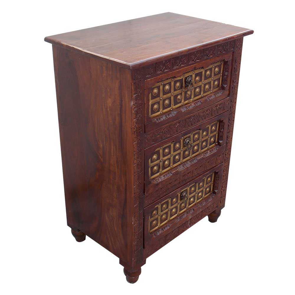 Rajwada Style Hand Carved Wooden Chest of Three Drawers with Decorative Brass Fittings