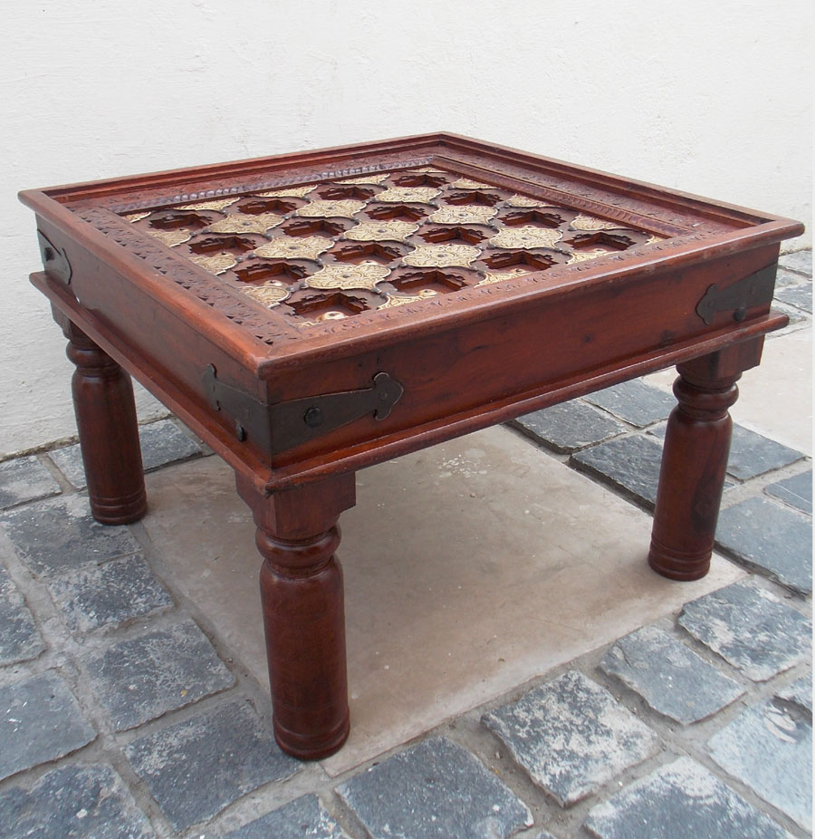 Wooden Carved Table with Embossed Brass Artwork