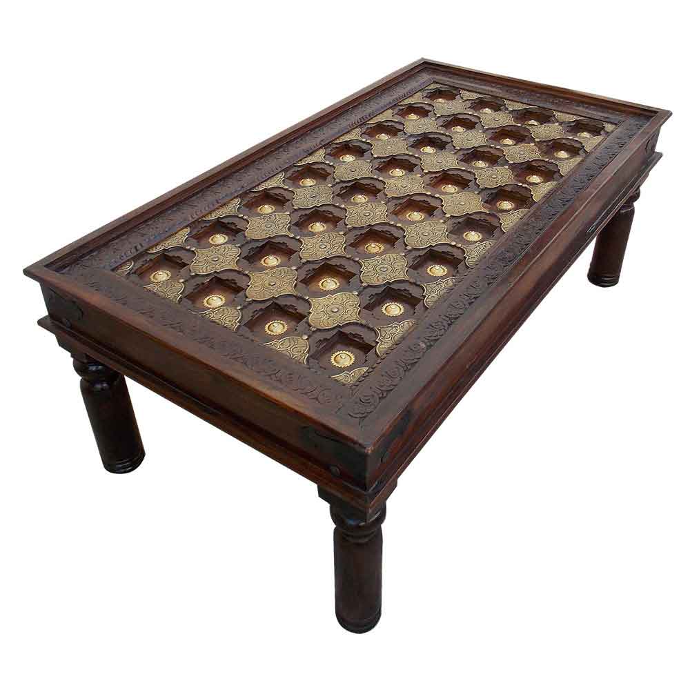 Wooden Center Table  Rectangular Hand Carved Embellished with Embossed Brass Artwork 47 x 26 (Inches)