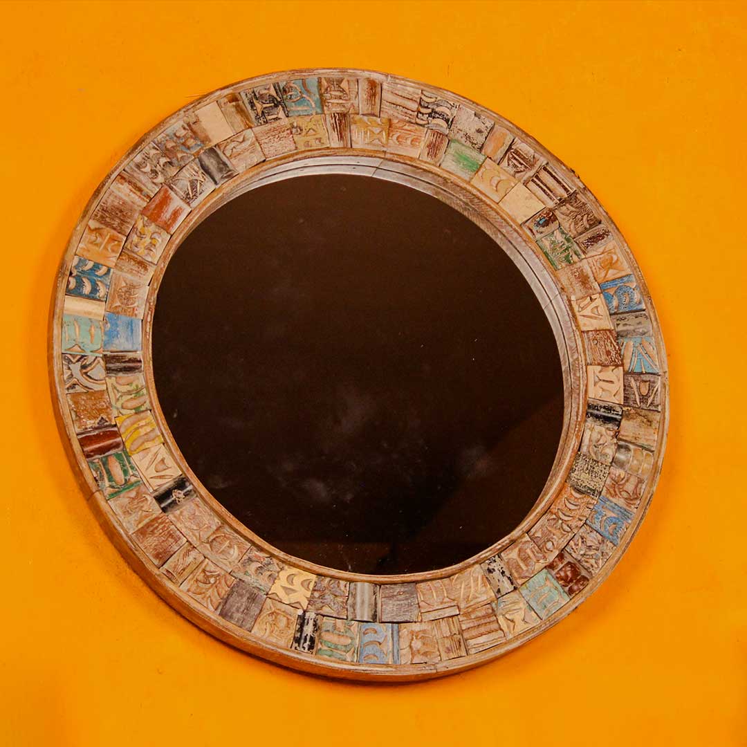 Round Mosaic Carved Wooden Wall Mirror