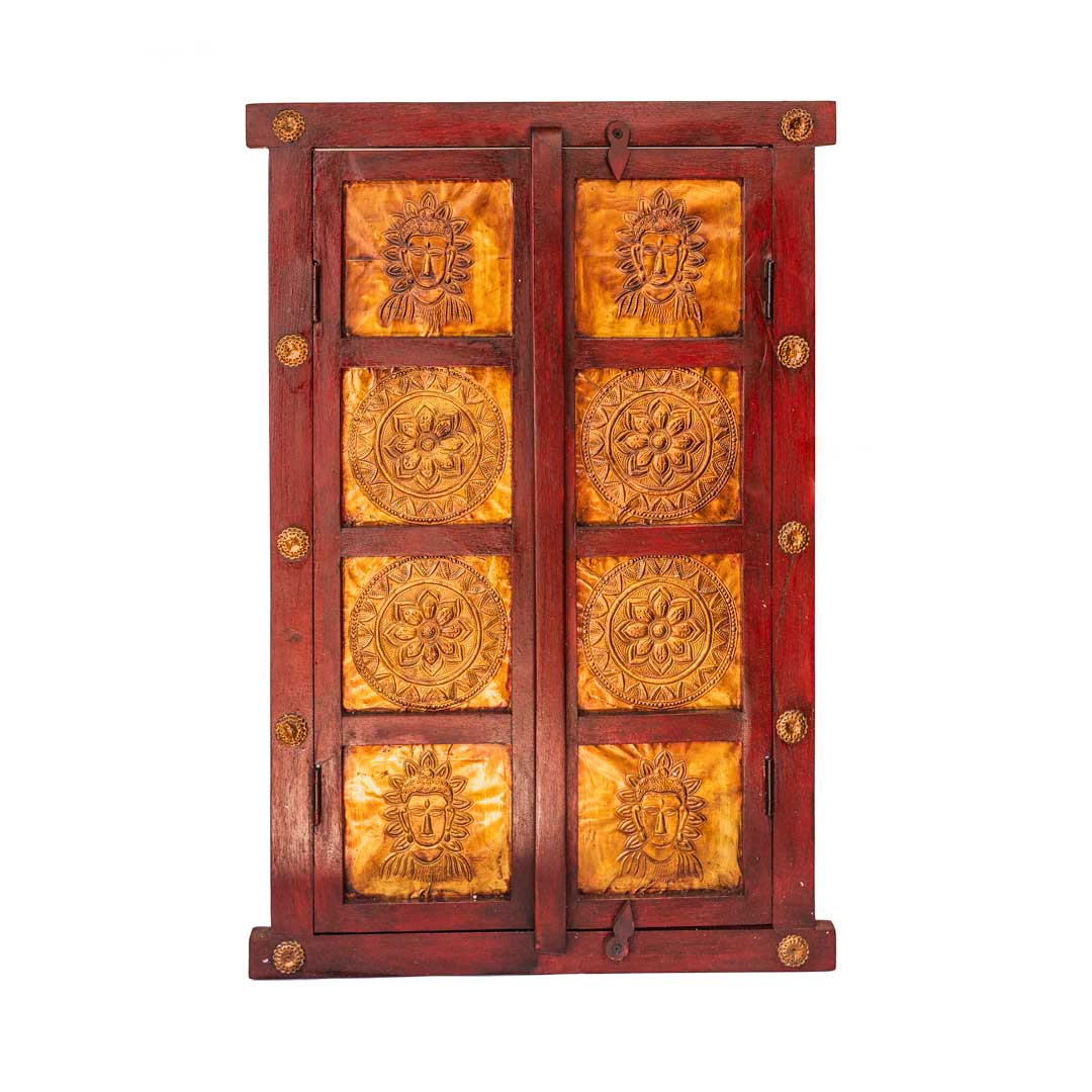 Wooden Decorative Window with brass art , Antique Red