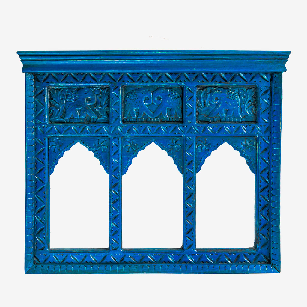 Rajasthani Tibari Village Carved Window Frame - Antique Blue
