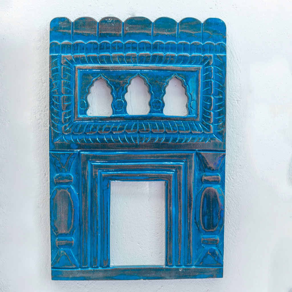 Decorative Jharokha Wooden Mirror Frame - Blue   
