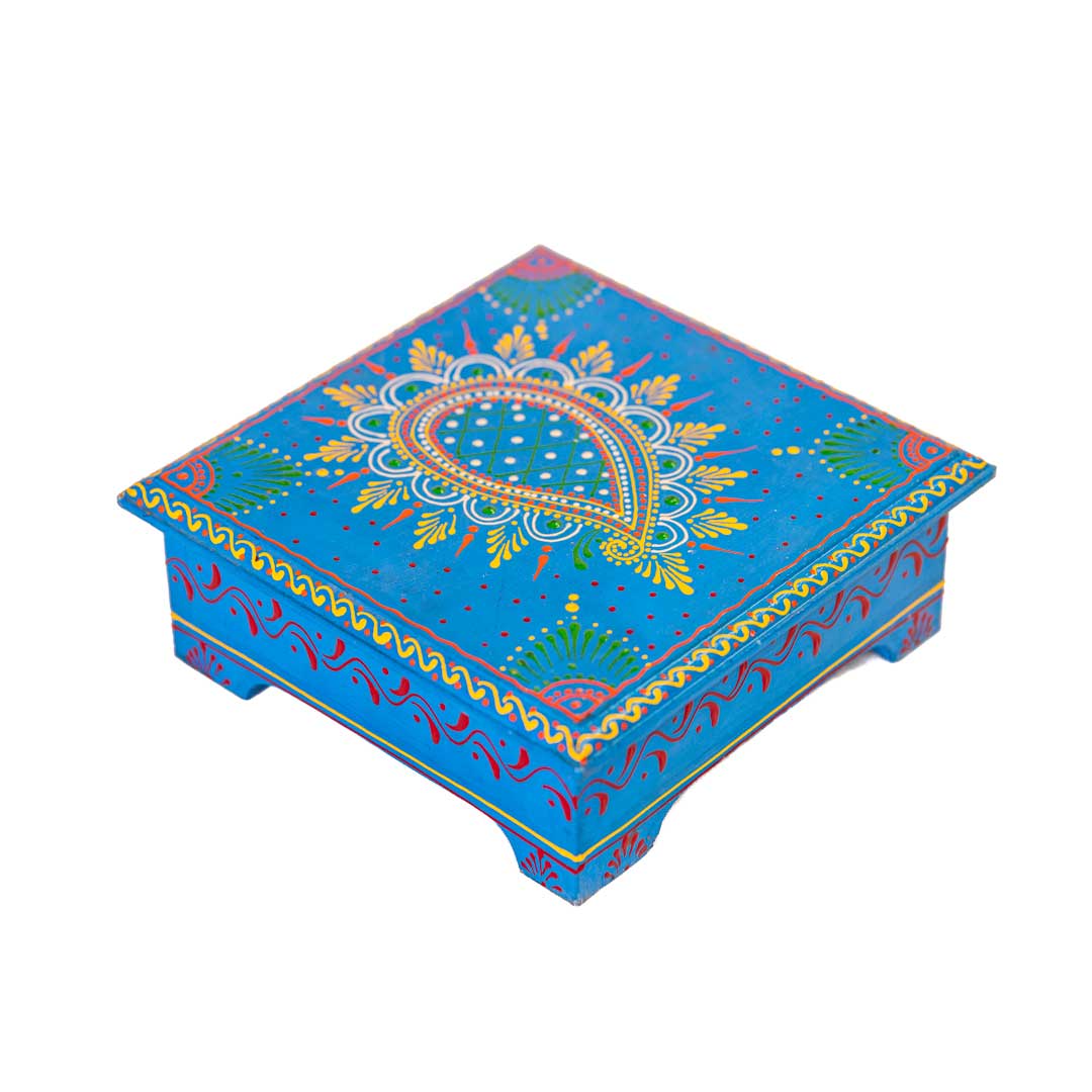 Hand painted Cone Artwork Wooden Chowki / Bajot / Patla - Blue (Paisley Design) 8 x 8 inches