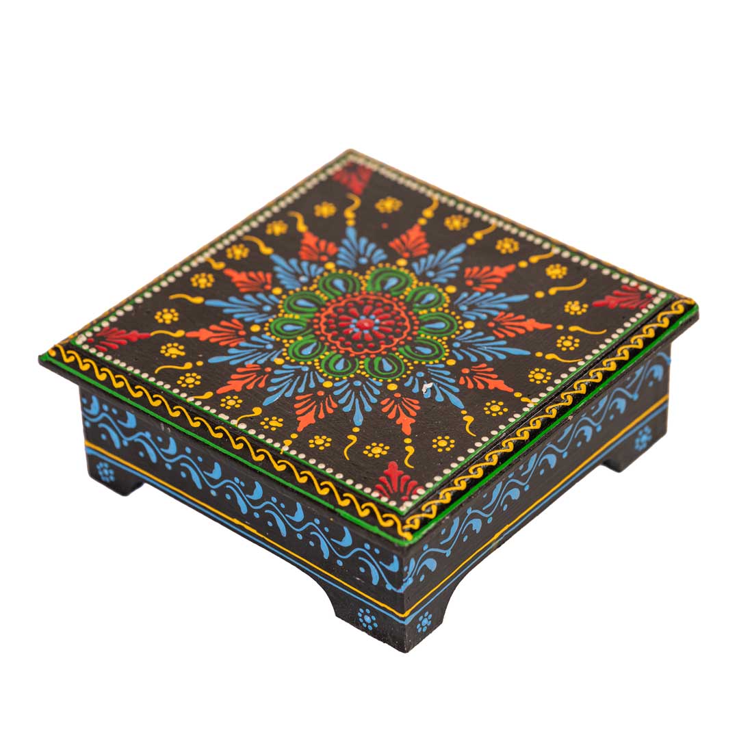 Hand painted Cone Artwork Wooden Chowki / Bajot / Patla (Flower Design) 8x8 Inches Hand painted Cone Artwork Wooden Chowki / Bajot / Patla (Flower Design) 8x8 Inches
