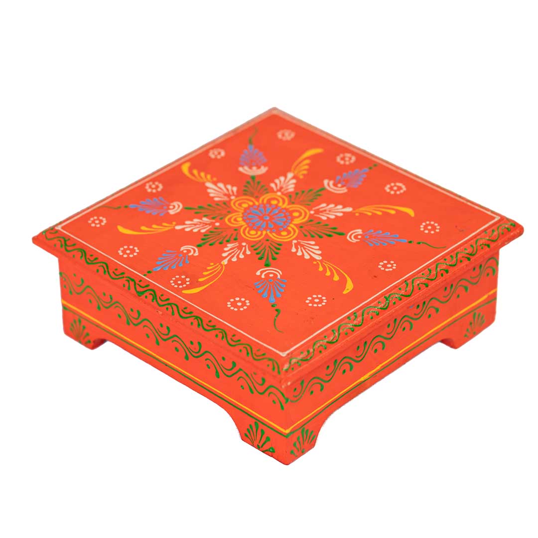 Hand painted Cone Artwork Wooden Chowki / Bajot / Patla - Orange (floral design) 8 x 8 inches