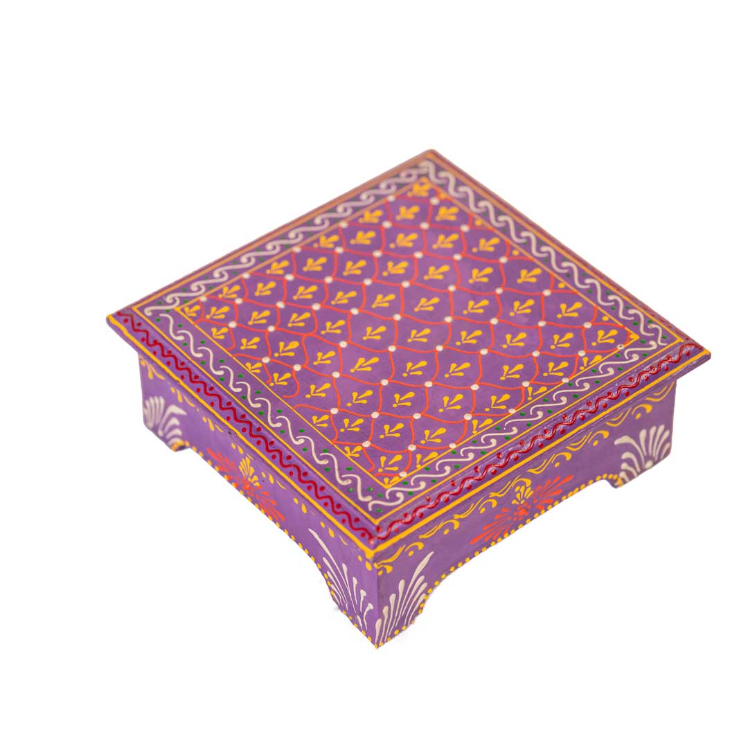 Hand painted Cone Artwork Wooden Chowki / Bajot / Patla - Purple 8 x 8 inches Hand painted Cone Artwork Wooden Chowki / Bajot / Patla - Purple 8 x 8 inches