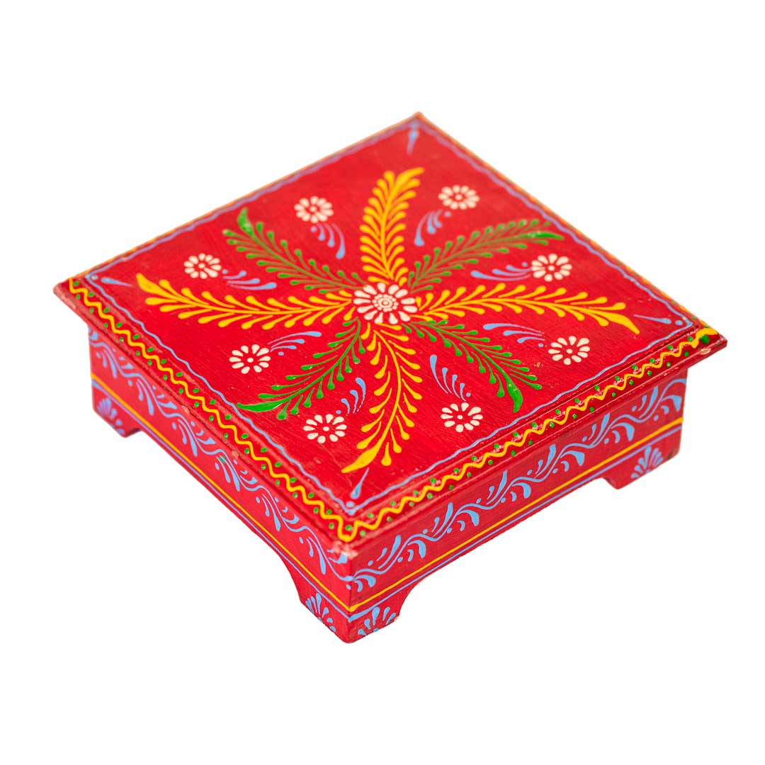 Vibrant Red Hand painted Wooden Chowki - Traditional Cone Artwork with Leaf Design 8 x 8 inches