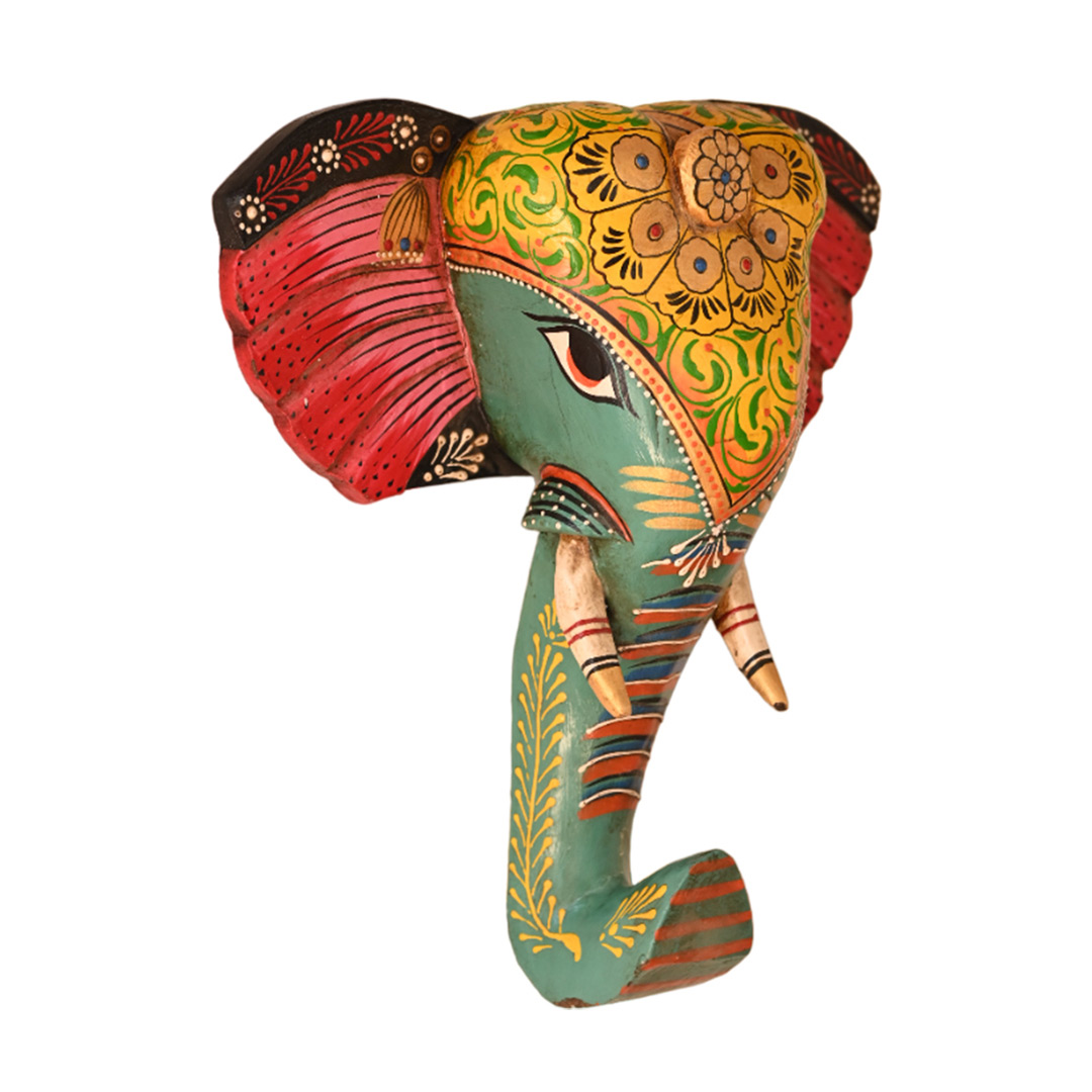 Hand Painted Wooden Elephant Face Wall Piece - Blue