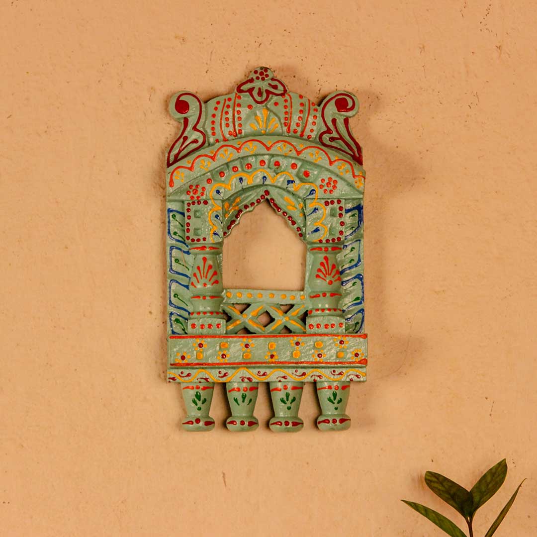 Hand Painted Green Wooden Jharokha Wall Decor – 11 Inches