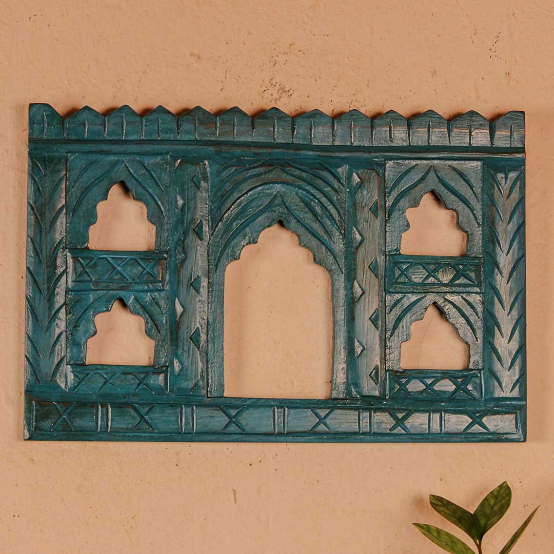 Hand Carved Blue Wooden 5 Window Jharokha Wall Panel – Medium