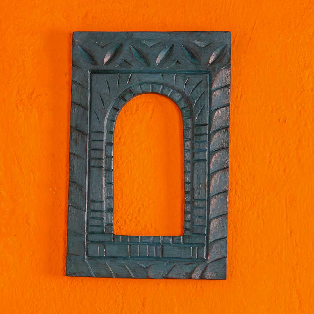 Hand Carved Blue Wooden Jharokha Wall Frame – 12 Inch