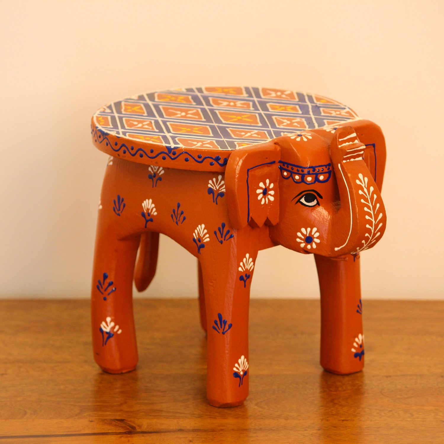 Hand Painted Elephant Stool – Dark Orange Hand Painted Elephant Stool – Dark Orange