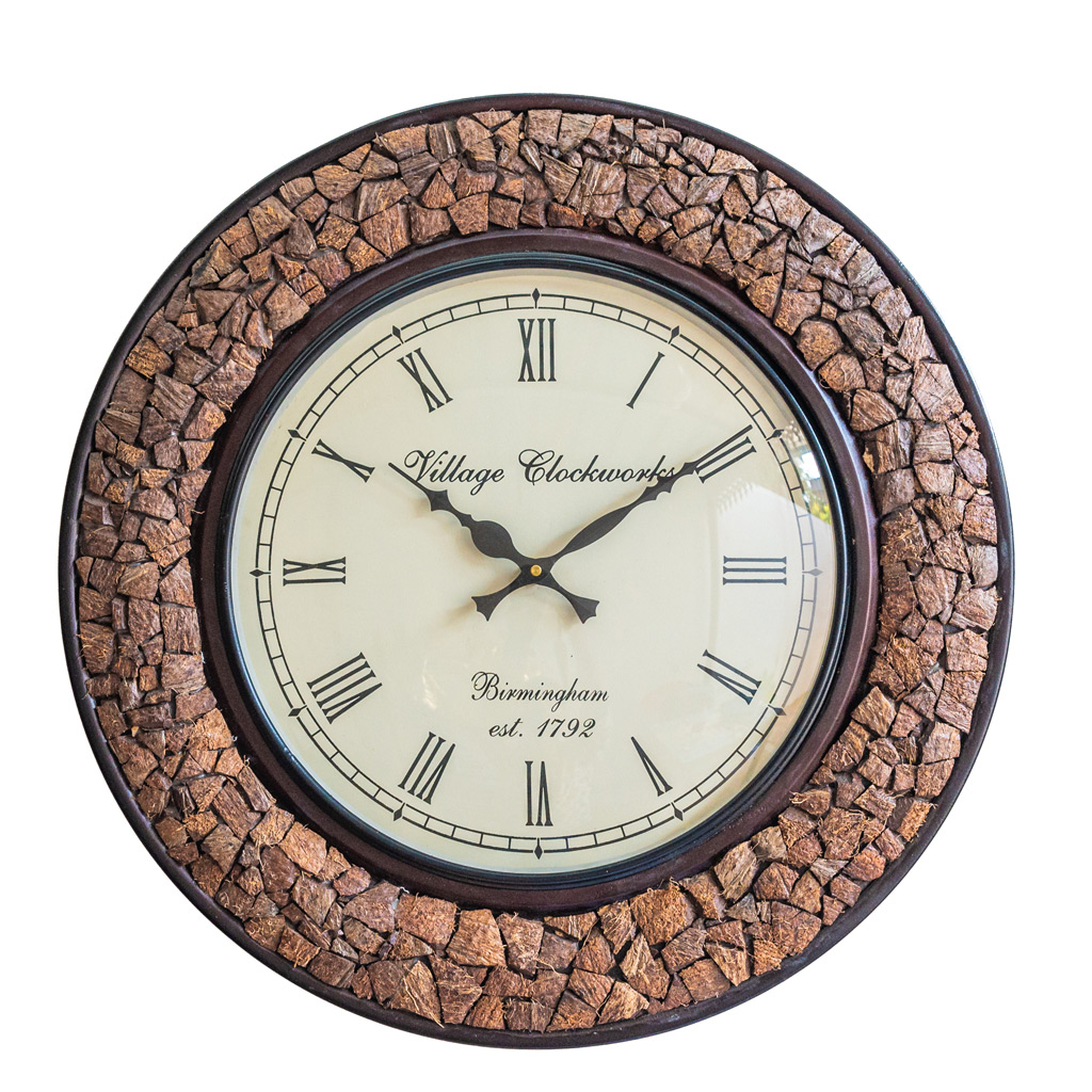 Handcrafted Round Wooden Wall Clock with Coconut Shell Pieces Dia 18 inches