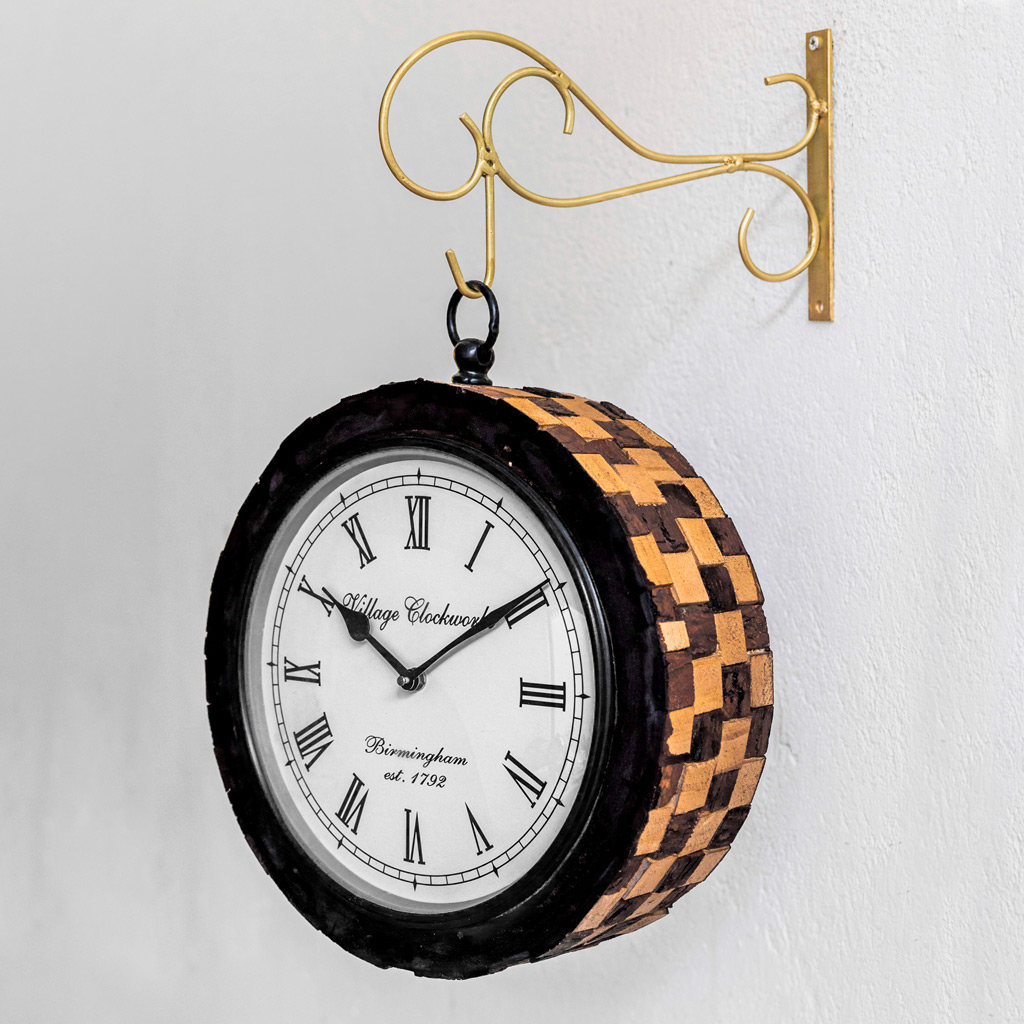 Railway Clock Chequered Sleeper Wood  Dia 12 inch
