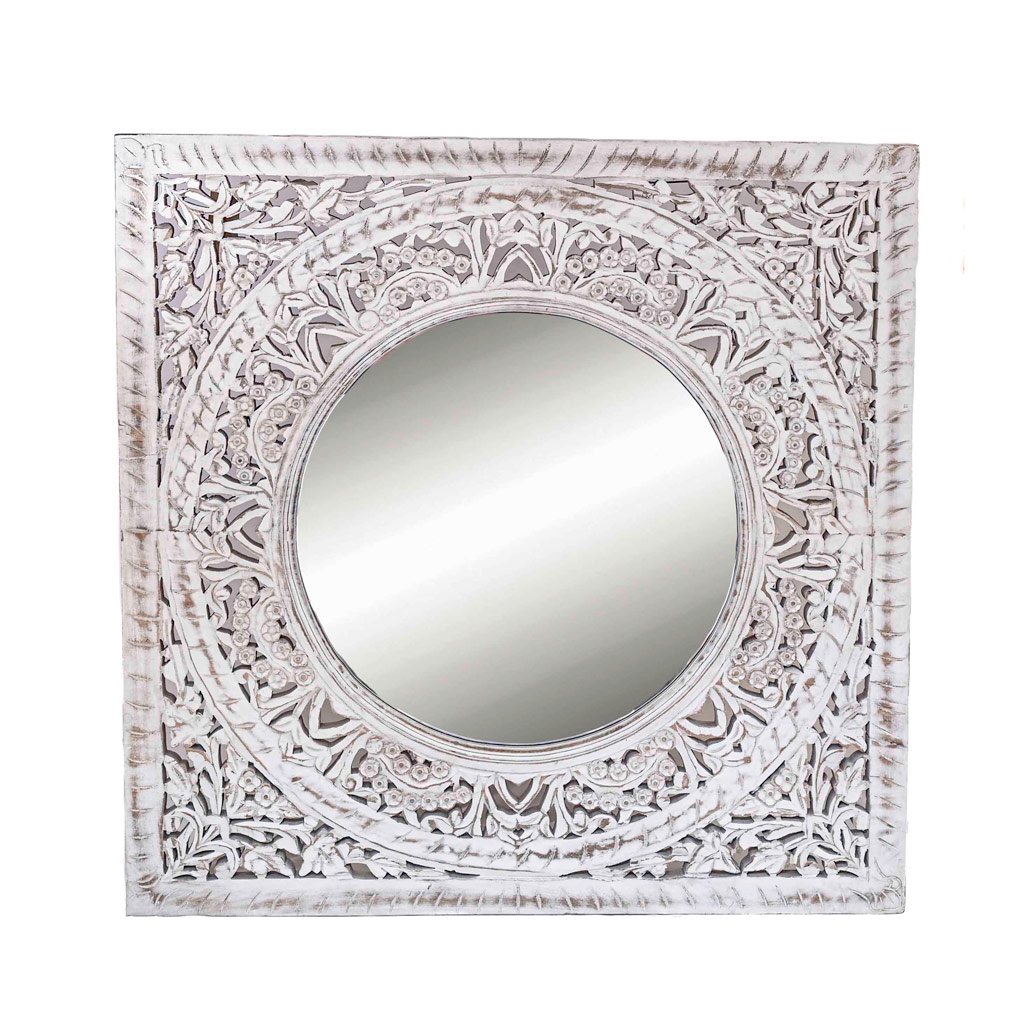 White Distressed Carved Wall Square Mirror Frame 32 x 32 inches