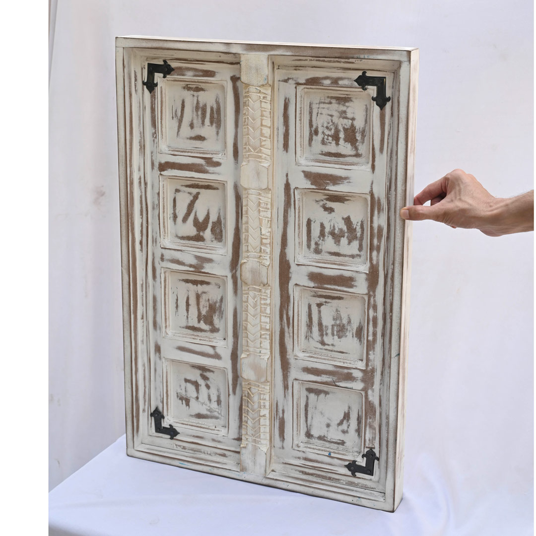 Distressed White Wooden Decorative Window for Wall Decor ht 27 inch
