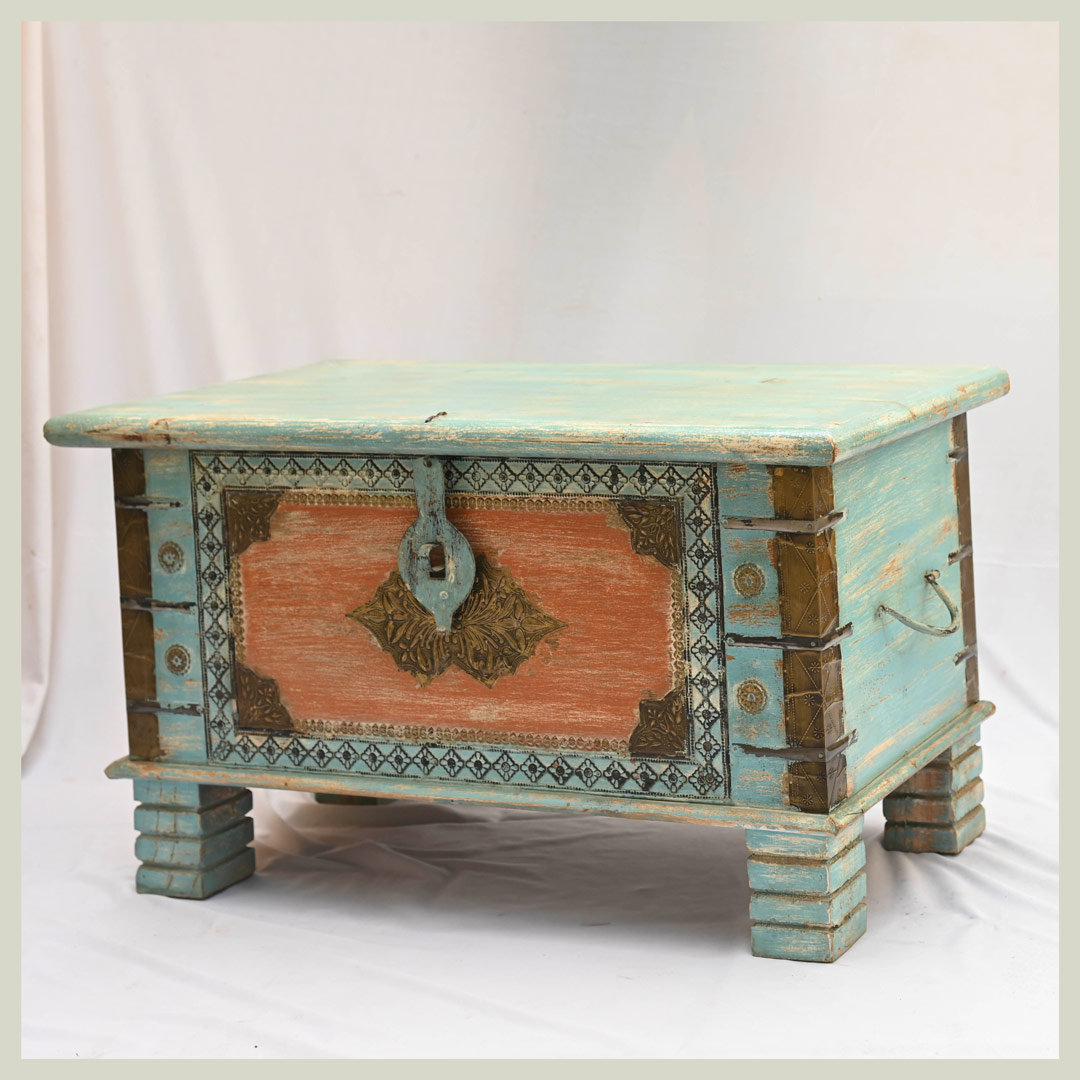 Distressed Finish Turquoise Shade Wooden Trunk/Pitara Box with Brass Work