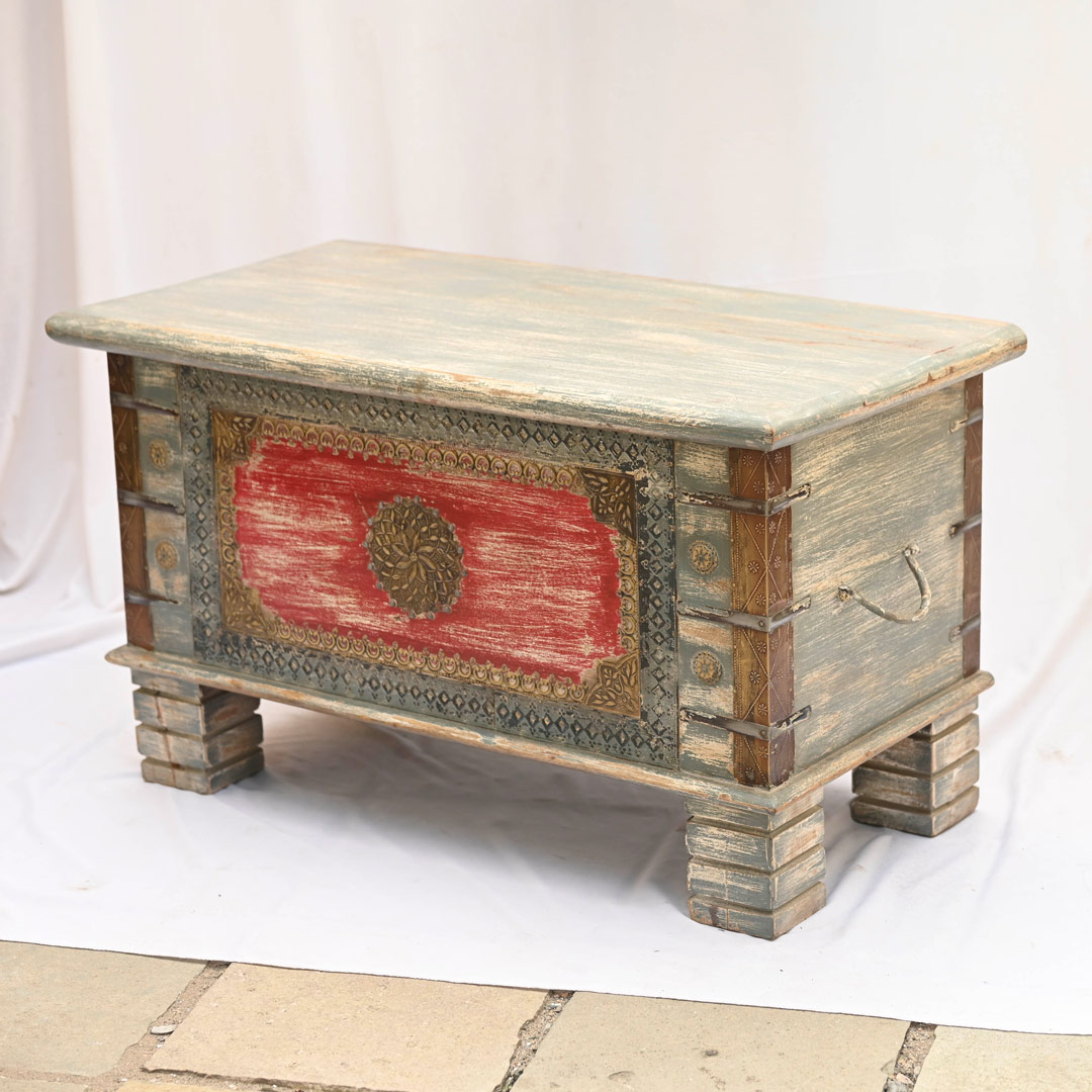 Treasure Box / Pitara Grey - Red Rustic Finish Brass Art