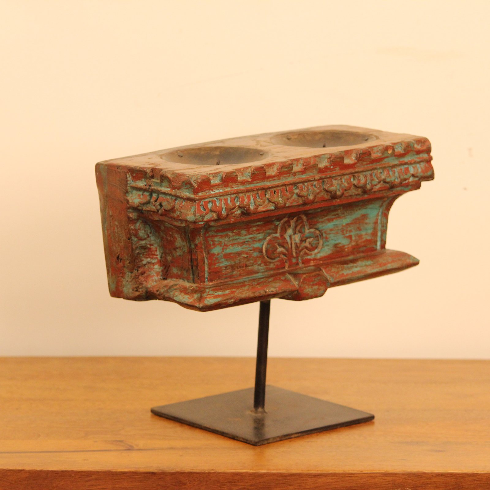Antique Carved Wooden Bracket – Teal & Red Antique Carved Wooden Bracket – Teal & Red