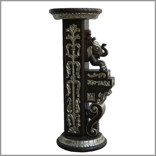 Metal Embellished and Polished Wooden Carved Elephant Pillar