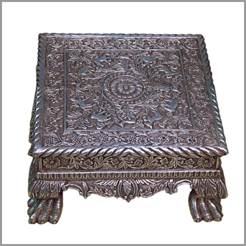 Silver Sheet Cladded Wooden Carved Chowki